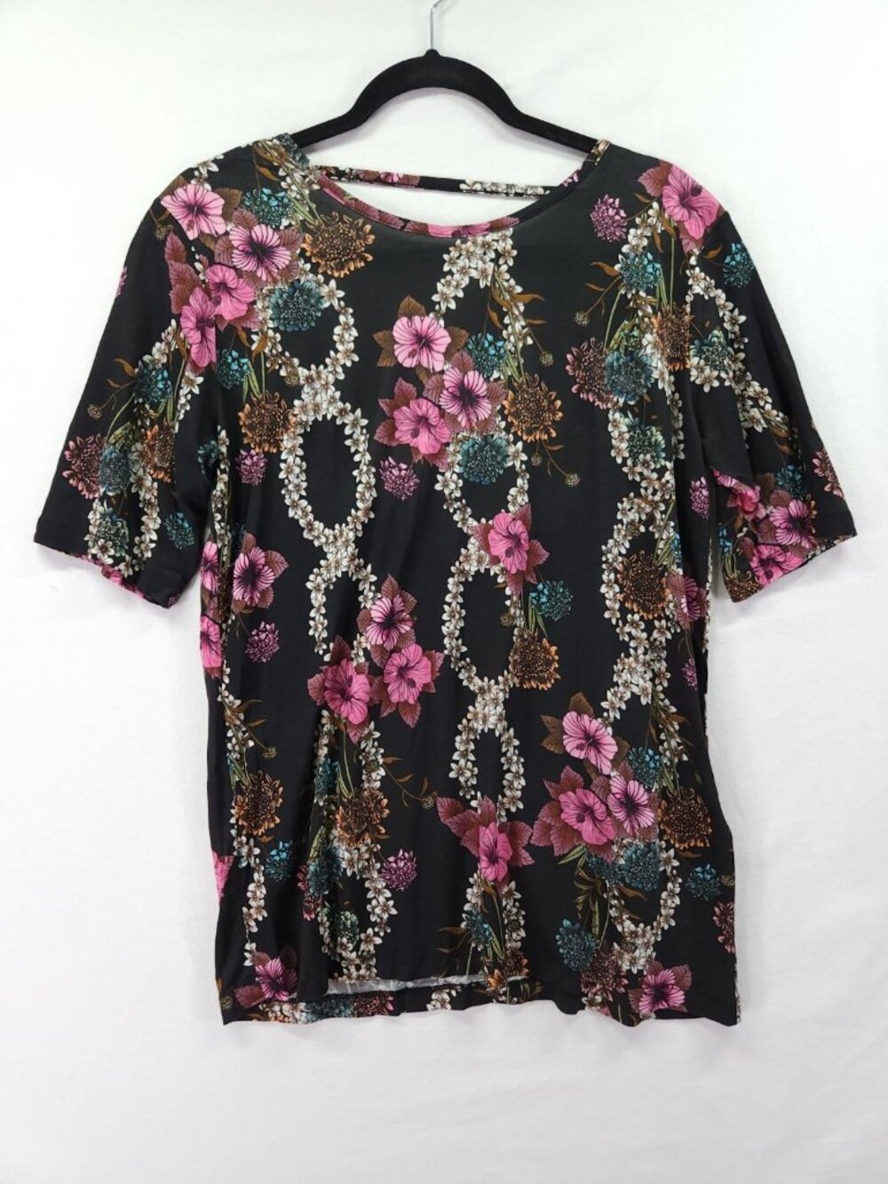 Sandro Paris Womens Size 1 Small Black Floral Open Cutout Back Short Sleeve Top